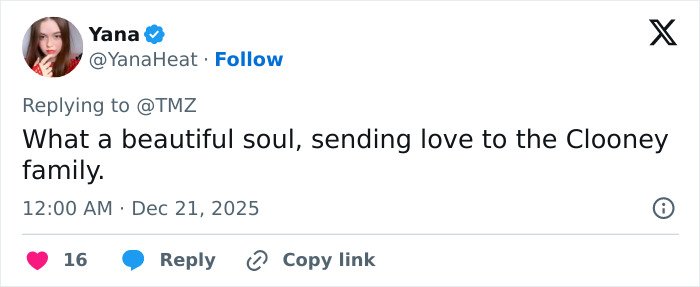 Tweet expressing condolences and support for George Clooney after his sister Ada passes away at 65.
