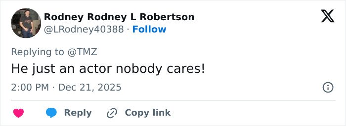 Twitter user Rodney Rodney L Robertson posting a critical comment in response to George Clooney sharing heartfelt tribute after sister Ada passes away.