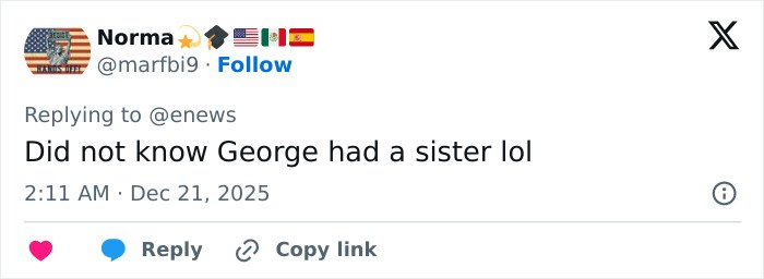 Social media post showing a user reacting to news about George Clooney sharing a heartfelt tribute to his sister Ada.
