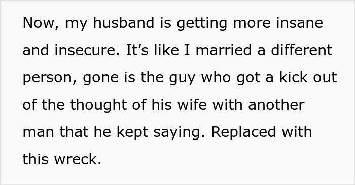 Text discussing a man pushing for open marriage but becoming insane and insecure over the situation and emotional changes.