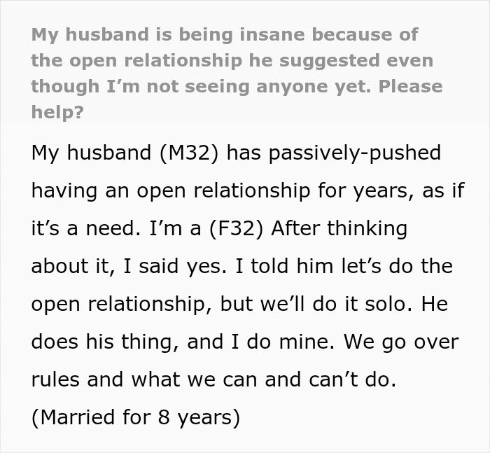 Text about a man pushing for an open marriage and struggling with insecurity and challenges in the relationship.