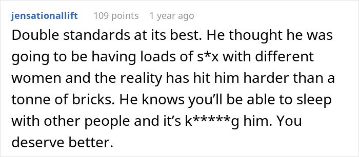 Screenshot of a Reddit comment about a man pushing for open marriage and struggling with feeling insecure and overwhelmed.