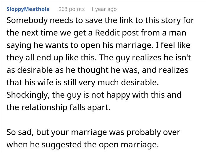Reddit comment discussing a man who pushes for open marriage but finds it too insane and insecure to handle.