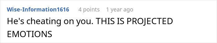 Comment text on a white background reading he's cheating on you this is projected emotions, relating to open marriage struggles.