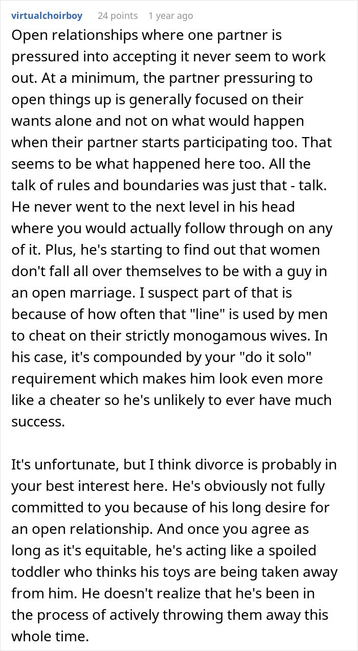 Comment text discussing challenges a man faces pushing for open marriage, feeling insecure and unable to handle it.