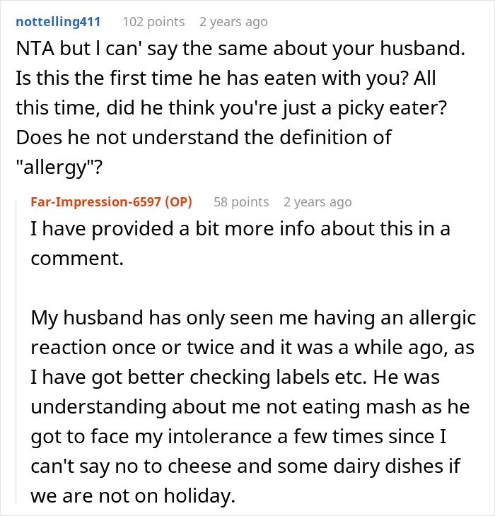 Screenshot of an online discussion about a husband misunderstanding his wife&rsquo;s allergies and thinking she&rsquo;s a picky eater.