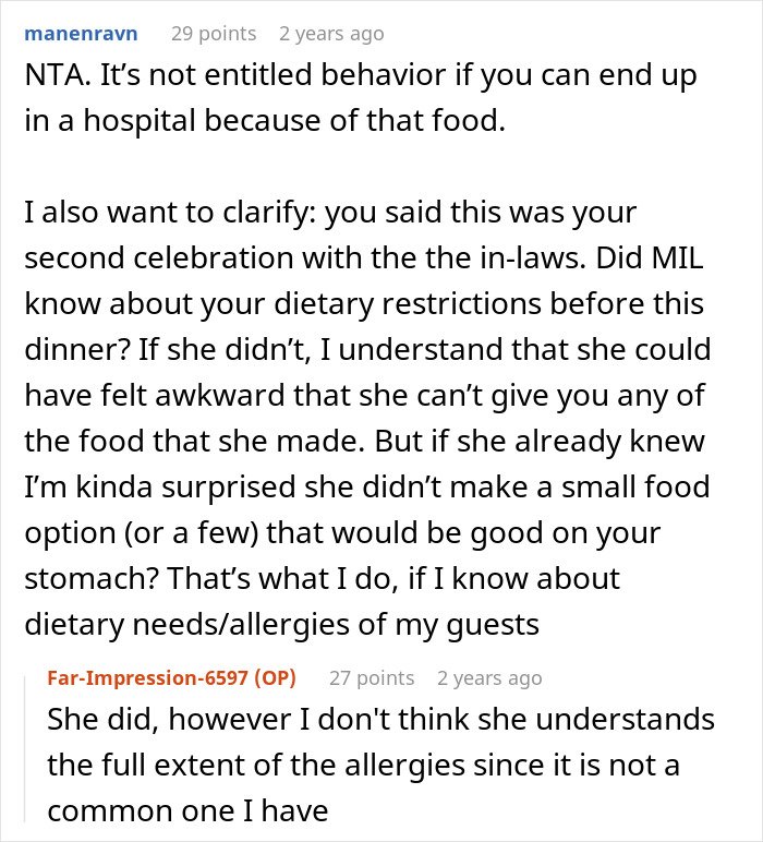 Reddit conversation discussing a husband and family dealing with a picky eater's allergies and dietary restrictions.