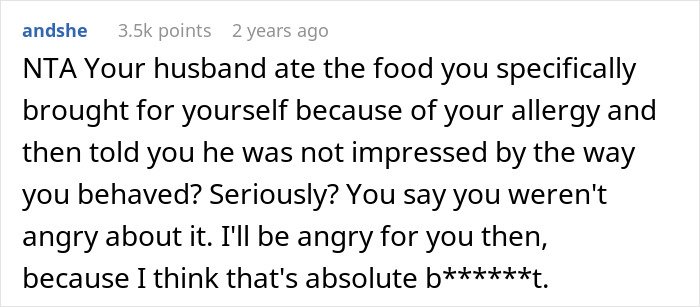 Reddit comment discussing husband and family conflict over a picky eater with allergies and food boundaries.