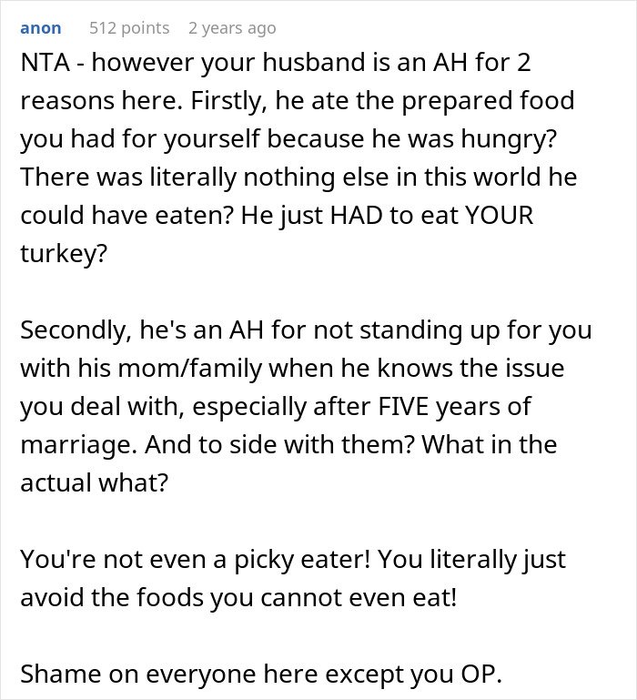 Comment discussing husband and family conflicts over woman being a picky eater with allergies and lack of support.
