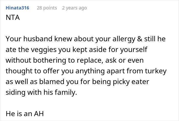 Comment explaining husband ignoring wife's allergy and calling her picky eater while siding with family.