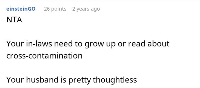 Screenshot of a Reddit comment discussing a husband and family conflict over a woman being picky eater with allergies.