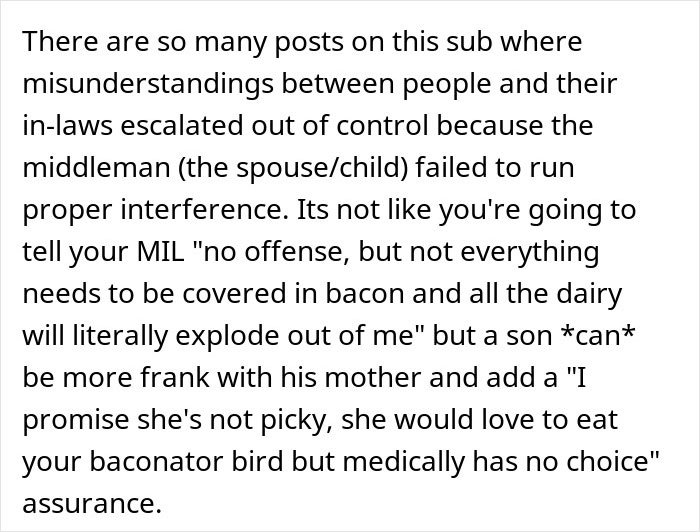 Text post discussing misunderstandings between husband family and woman who is a picky eater due to allergies.