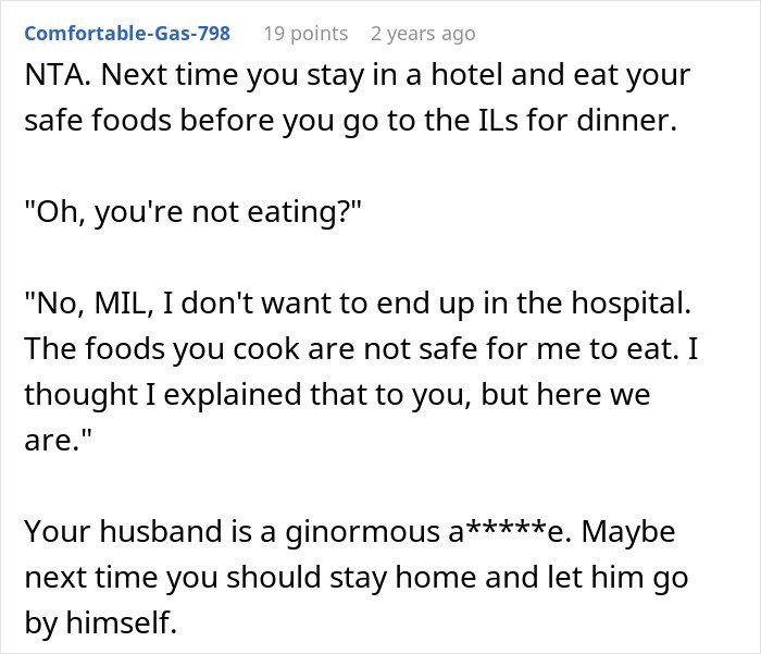 Screenshot of a Reddit comment advising a woman about handling picky eater allergies in husband&rsquo;s family dinner situations.