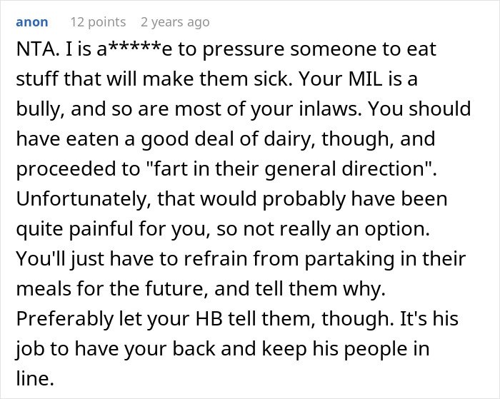 Comment discussing husband and family dynamics related to a picky eater with allergies and meal pressure issues.