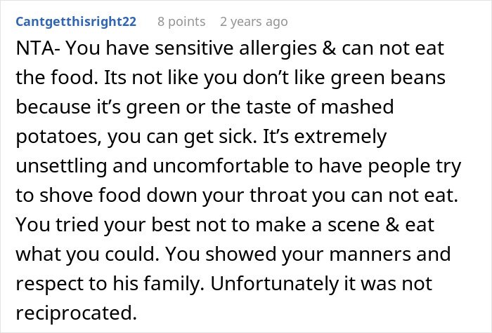 Comment discussing sensitive allergies making a woman a picky eater with husband&rsquo;s family at dinner.