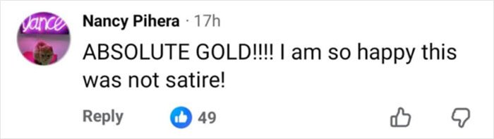 Comment from Nancy Pihera praising Erika Kirk's greatest Freudian slip at TPUSA event as absolute gold and not satire.