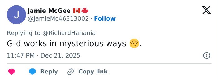 Tweet by Jamie McGee with Canadian flag emoji, stating G-d works in mysterious ways with a smirking face emoji.