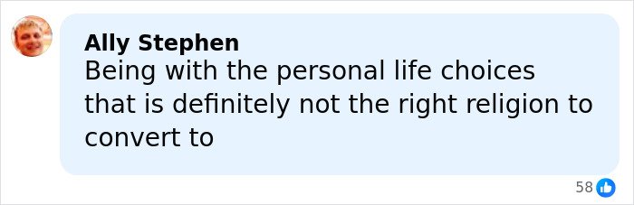 Comment by Ally Stephen discussing personal life choices in relation to religion, with 58 likes shown.