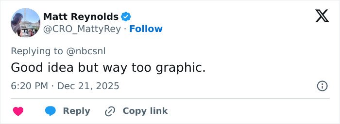 User reaction tweet criticizing the bloody twist in SNL’s Home Alone parody starring Ariana Grande.