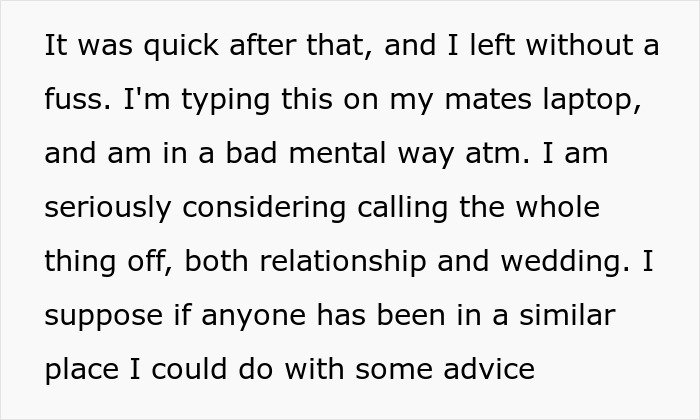 Screenshot of text where a man rethinks his relationship and wedding due to fianc&eacute;e&rsquo;s unexpected request causing distress.