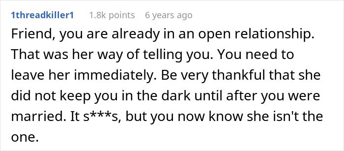 Screenshot of an online comment warning a man to leave his fianc&eacute;e due to an unexpected relationship request before the wedding.