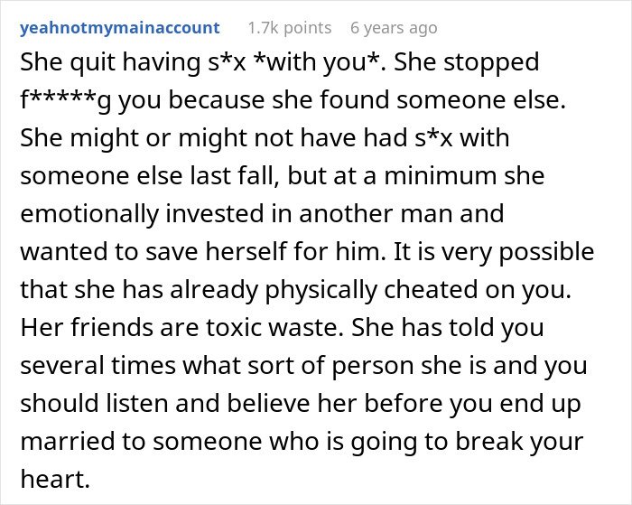 Text post by user yeahnotymainaccount discussing emotional and possible physical cheating before marriage causing heartbreak.
