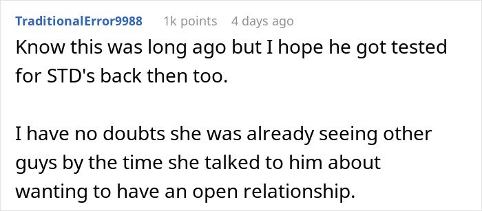 Reddit comment discussing a man&rsquo;s fianc&eacute;e&rsquo;s unexpected request about open relationships months before their wedding.