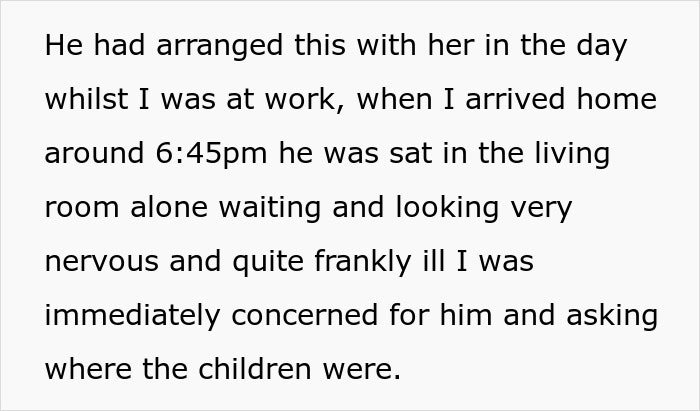 Text excerpt showing a man sitting nervously at home, unsure if affair partner's baby is his child or grandchild.