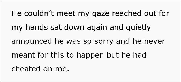 Text passage describing a man feeling regretful about cheating and apologizing in a quiet, emotional moment.