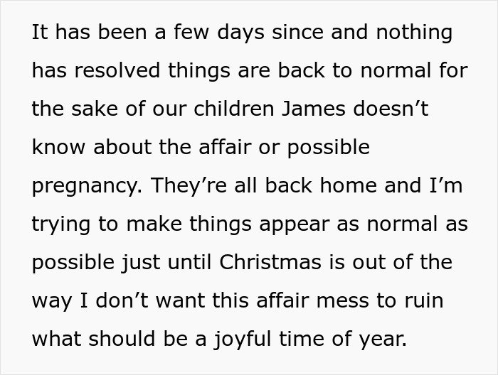 Text excerpt discussing a man unsure if affair partner's baby is his child or grandchild amid family complications.