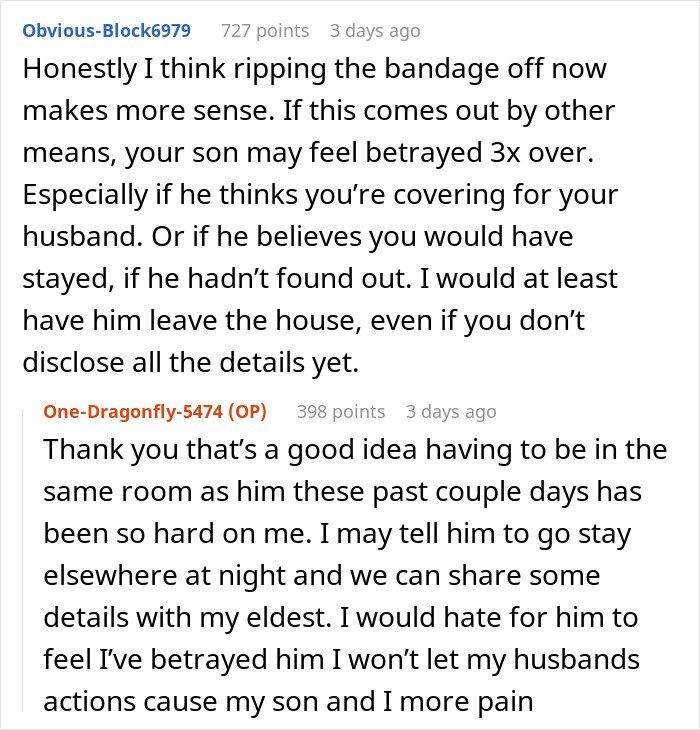 Screenshot of online discussion about a man unsure if affair partner's baby is his child or grandchild from his son's recent ex.