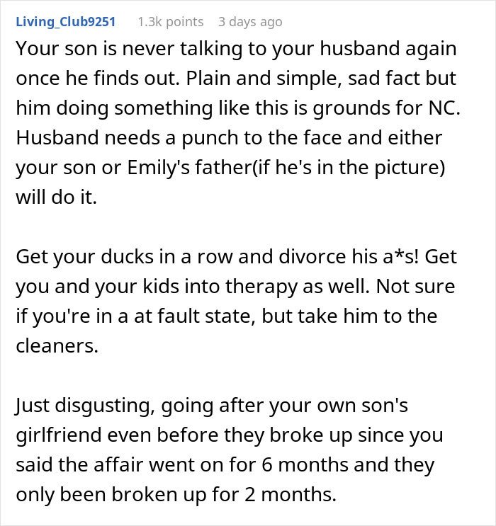 Comment discussing a man unsure if affair partner's baby is his child or grandchild due to complicated family ties.