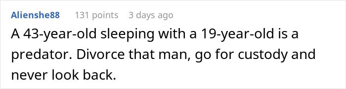 Text comment about a man unsure if affair partner&rsquo;s baby is his child or grandchild involving his son&rsquo;s recent ex.