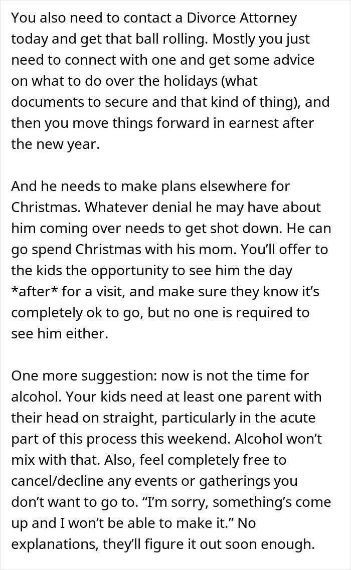 Text excerpt discussing divorce attorney advice and family planning during holiday visits amid relationship uncertainty and custody concerns.