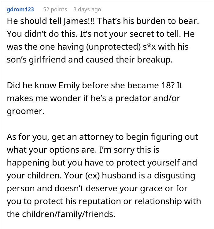 Comment discussing man unsure if affair partner's baby is his child or grandchild amid son's recent breakup.