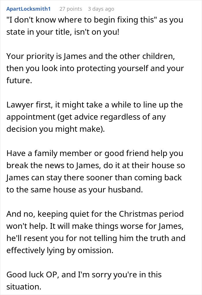 Text of advice message on making legal and family decisions regarding unsure paternity in an affair partner situation.