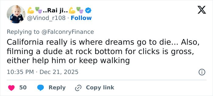 Tweet about Tylor Chase&rsquo;s co-star breaking silence on his homelessness, urging urgent help and awareness.