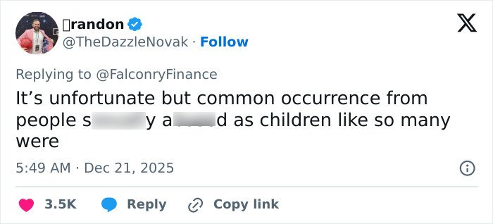 Tweet from user TheDazzleNovak replying to FalconryFinance about homelessness, breaking silence, and urgent support requests.