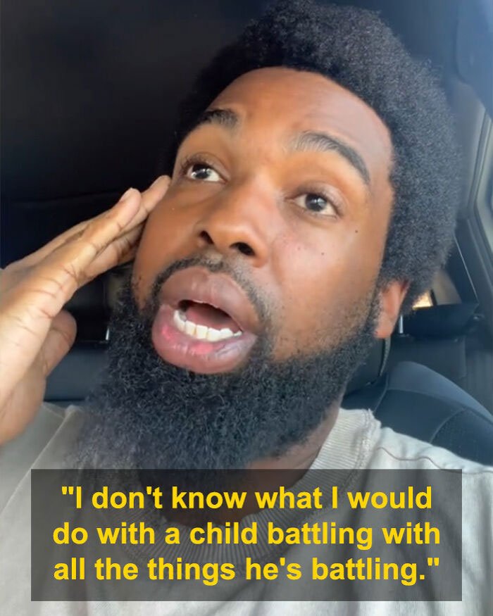 Man speaking emotionally in a car, expressing concern about homelessness and struggles related to Tylor Chase's situation.