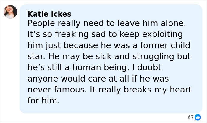 Screenshot of a social media comment expressing sadness over Tylor Chase&rsquo;s homelessness and urging people to leave him alone.