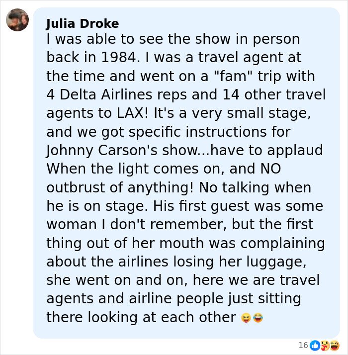 Comment about attending Johnny Carson’s Tonight Show with travel agents, highlighting strict audience rules and a guest complaint.