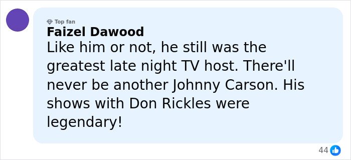Comment praising Johnny Carson as the greatest late night TV host and mentioning banned stars from the Tonight Show.