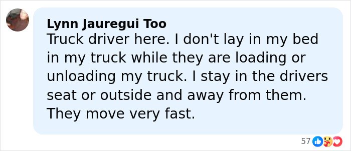 Comment about truck driver safety, highlighting caution around fast-moving forklifts and staying alert during loading.