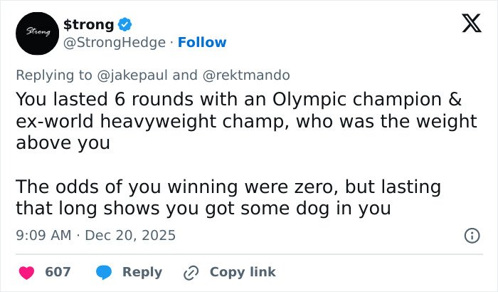 Tweet discussing Jake Paul's boxing performance, mentioning his broken jaw and internet reactions to the punchline.