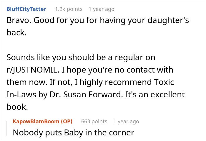 Commenter praising support for daughter, recommending book on toxic in-laws, and referencing mil-house Christmas dog humor.
