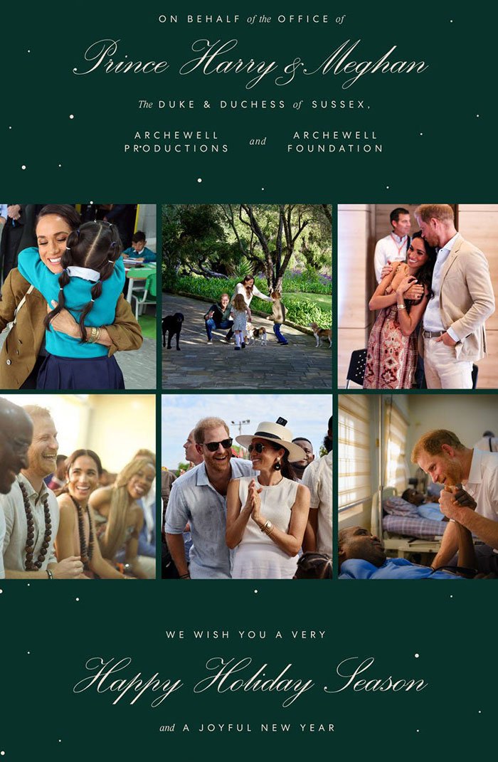 Collage of Prince Harry and Meghan Markle engaging with people and animals in various joyful moments during holiday season.