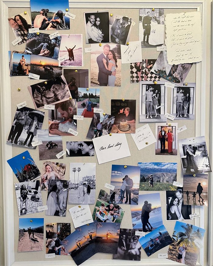 Collage of Prince Harry and Meghan Markle photos pinned on a board, highlighting moments from their holiday and personal life.