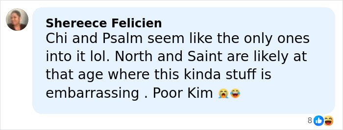 Fan comment on Kim Kardashian&rsquo;s Christmas card failure, suggesting it reflects kids&rsquo; home life dynamics and embarrassment.
