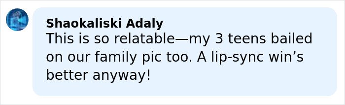 Comment by Shaokaliski Adaly expressing that her three teens also skipped the family photo, relating to Kim Kardashian's Christmas card.