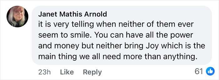 Facebook comment criticizing Melania and Donald Trump's Christmas card for lack of smiles, reflecting miserable appearance backlash online.